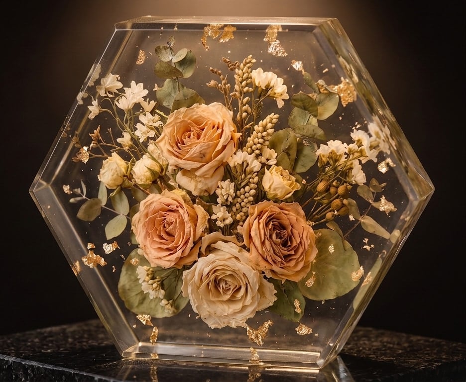 Coração de resina transparente com rosas, lírios e gipsófila do bouquet, sob uma luz quente